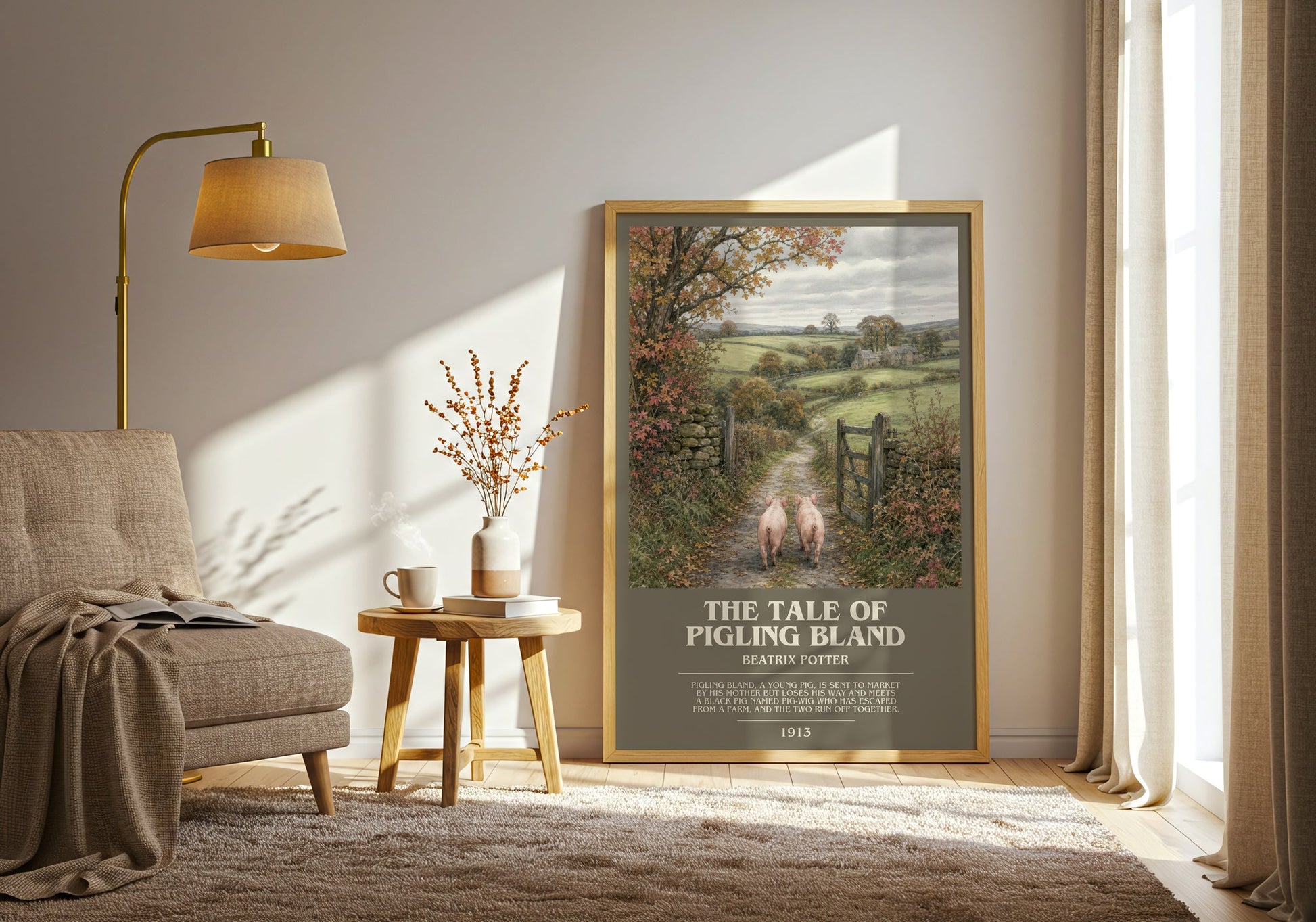 The Tale Of Pigling Bland bookish print on bookshelf – Beatrix Potter fan gift