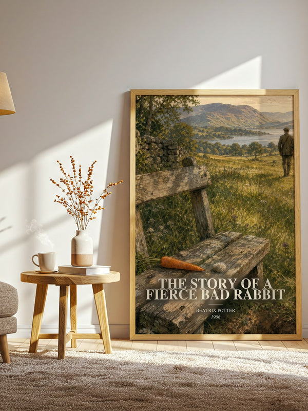 The Story Of A Fierce Bad Rabbit watercolour print in frame leaning in hallway – childrens wall art