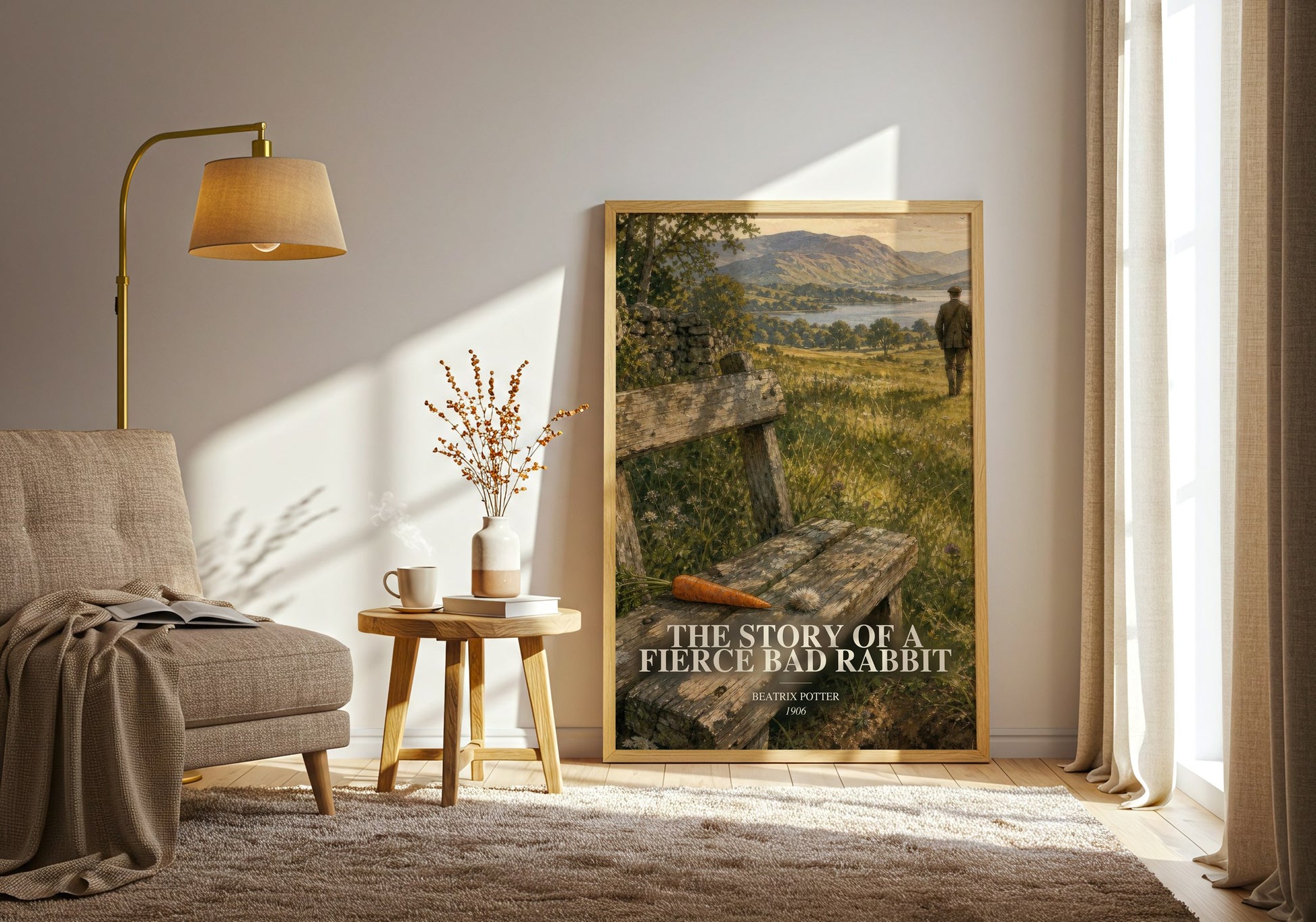 The Story Of A Fierce Bad Rabbit watercolour print in frame leaning in hallway – childrens wall art