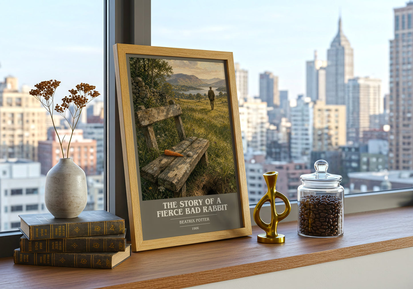 The Story Of A Fierce Bad Rabbit book cover print framed by window – literary home decor