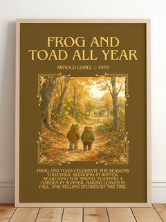 Frog and Toad All Year Minimalist Book Poster by Arnold Lobel – framed print leaning on a wooden floor