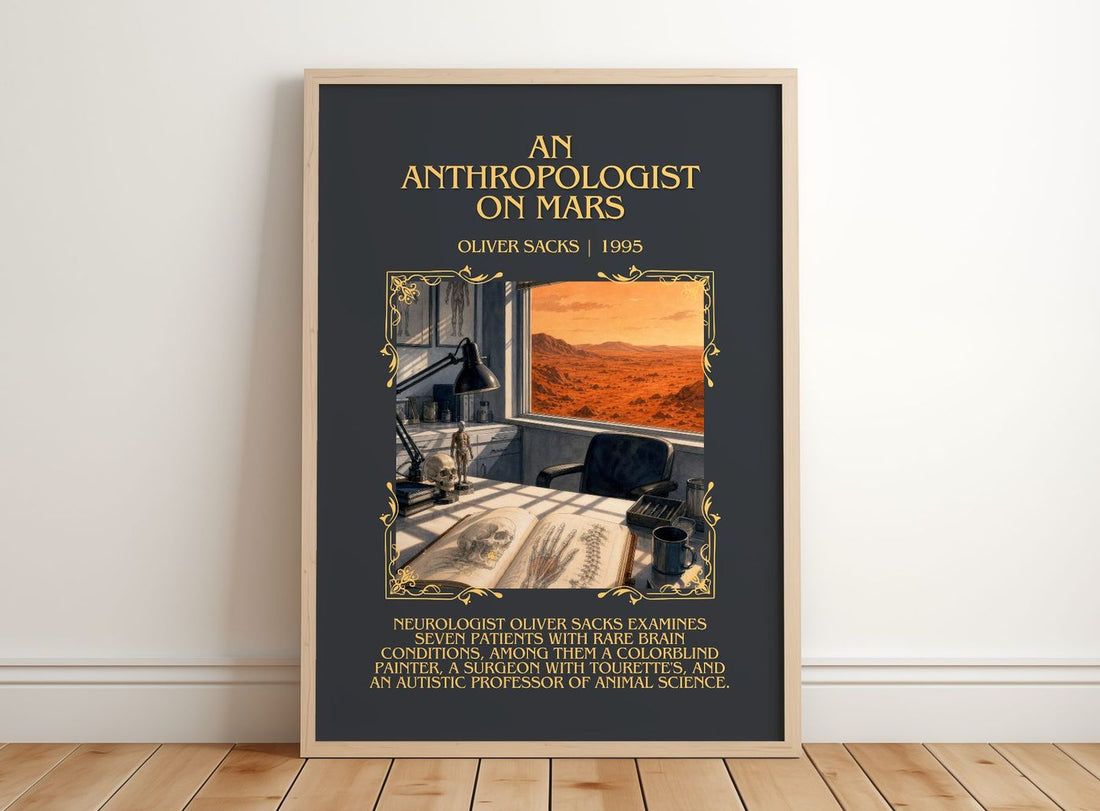 An Anthropologist on Mars Minimalist Book Poster by Oliver Sacks – framed print leaning on a wooden floor