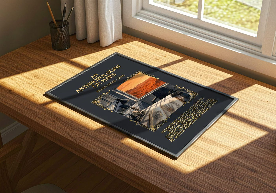 An Anthropologist on Mars Minimalist Book Poster by Oliver Sacks – print on a sunlit desk
