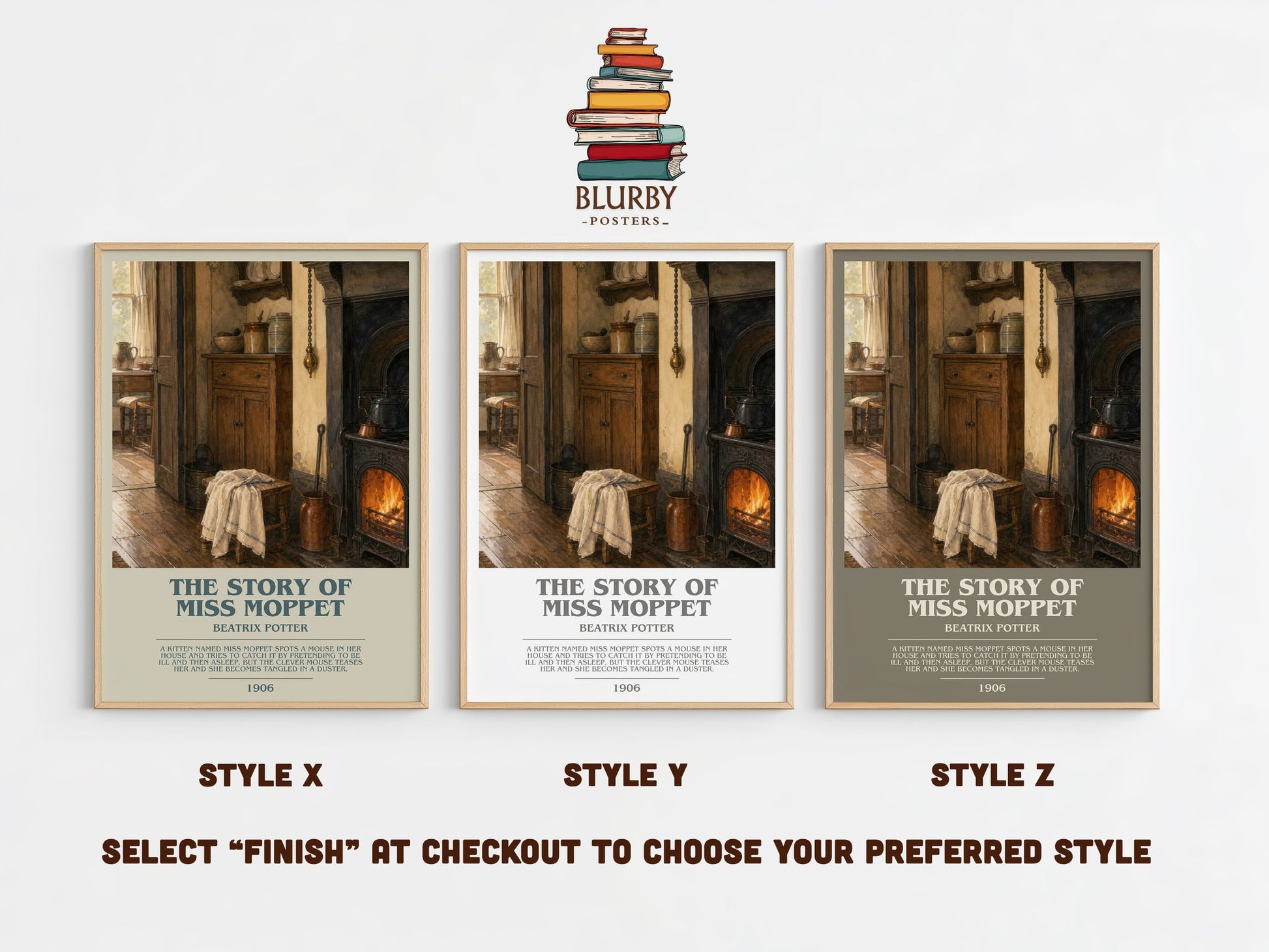 The Story Of Miss Moppet bookish print in frame leaning in hallway – childrens wall art