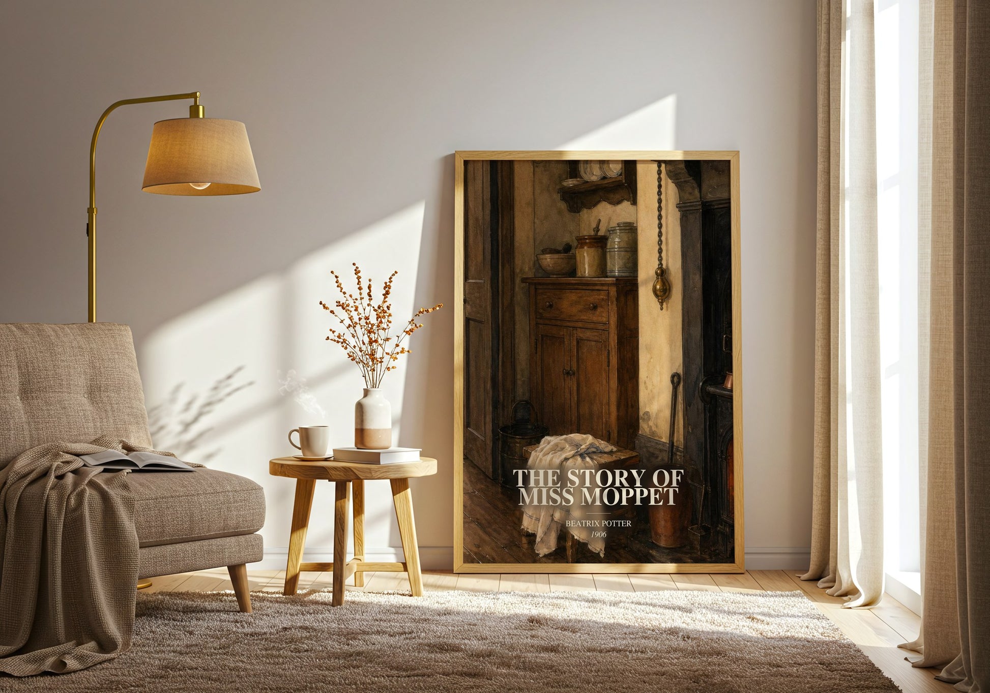 The Story Of Miss Moppet watercolour print in frame leaning in hallway – childrens wall art