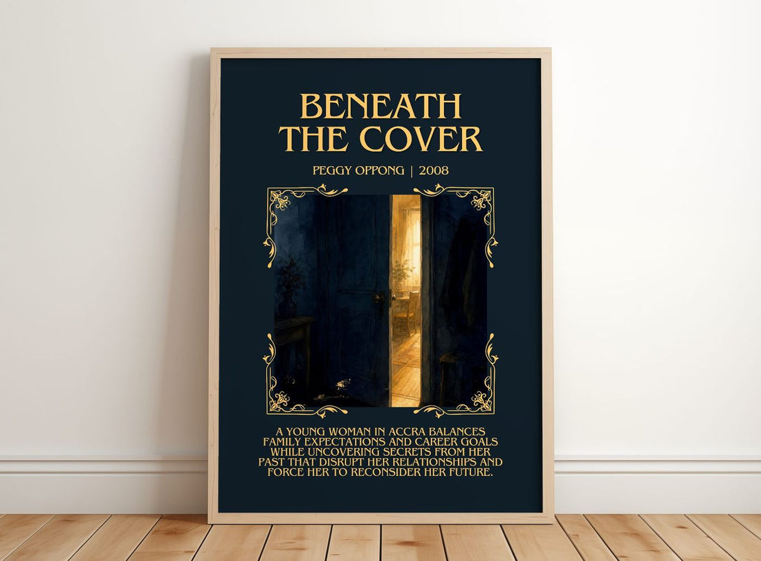 Beneath the cover Minimalist Book Poster by Peggy Oppong – framed print leaning on a wooden floor