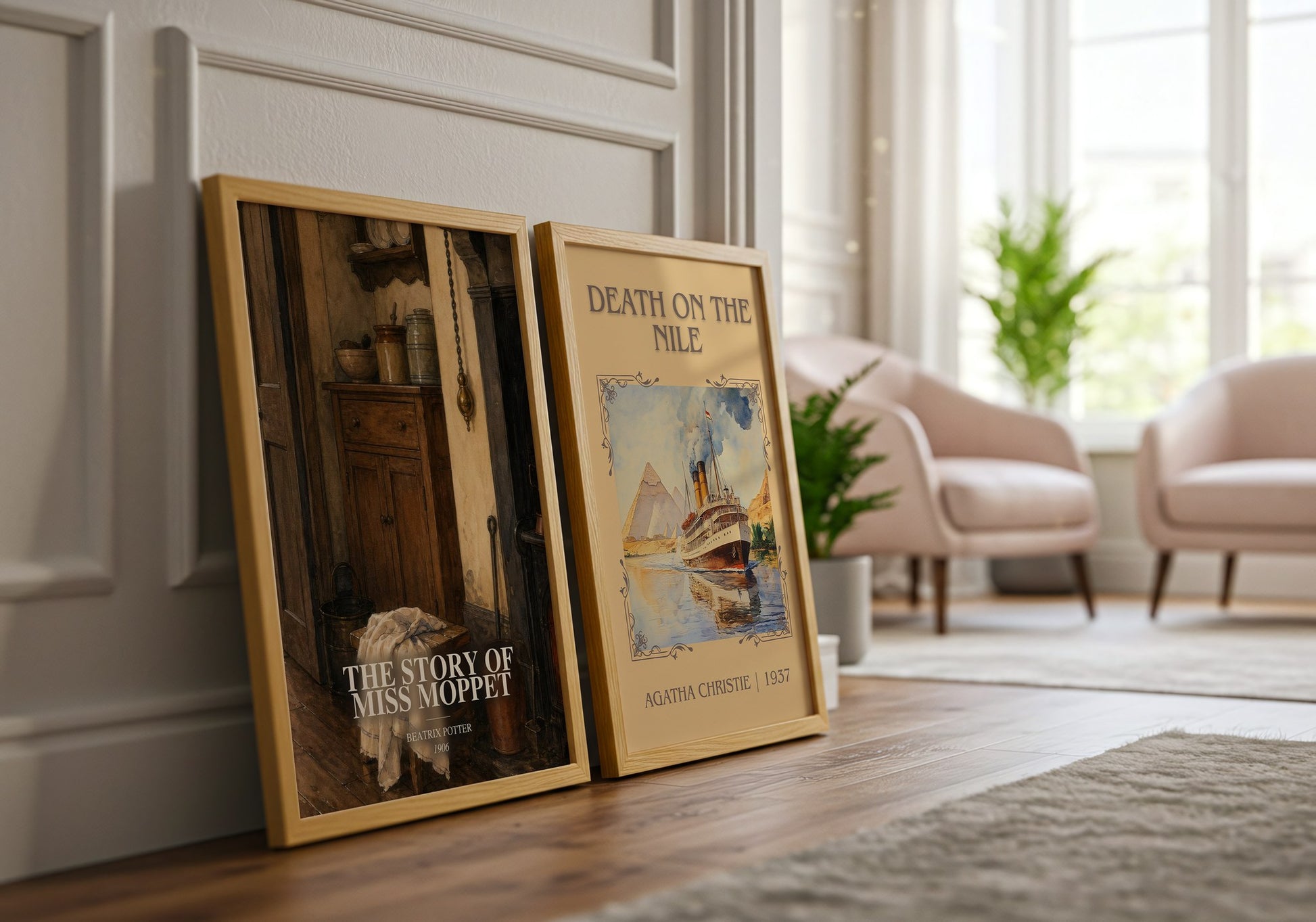 The Story Of Miss Moppet watercolour print framed by window – literary home decor