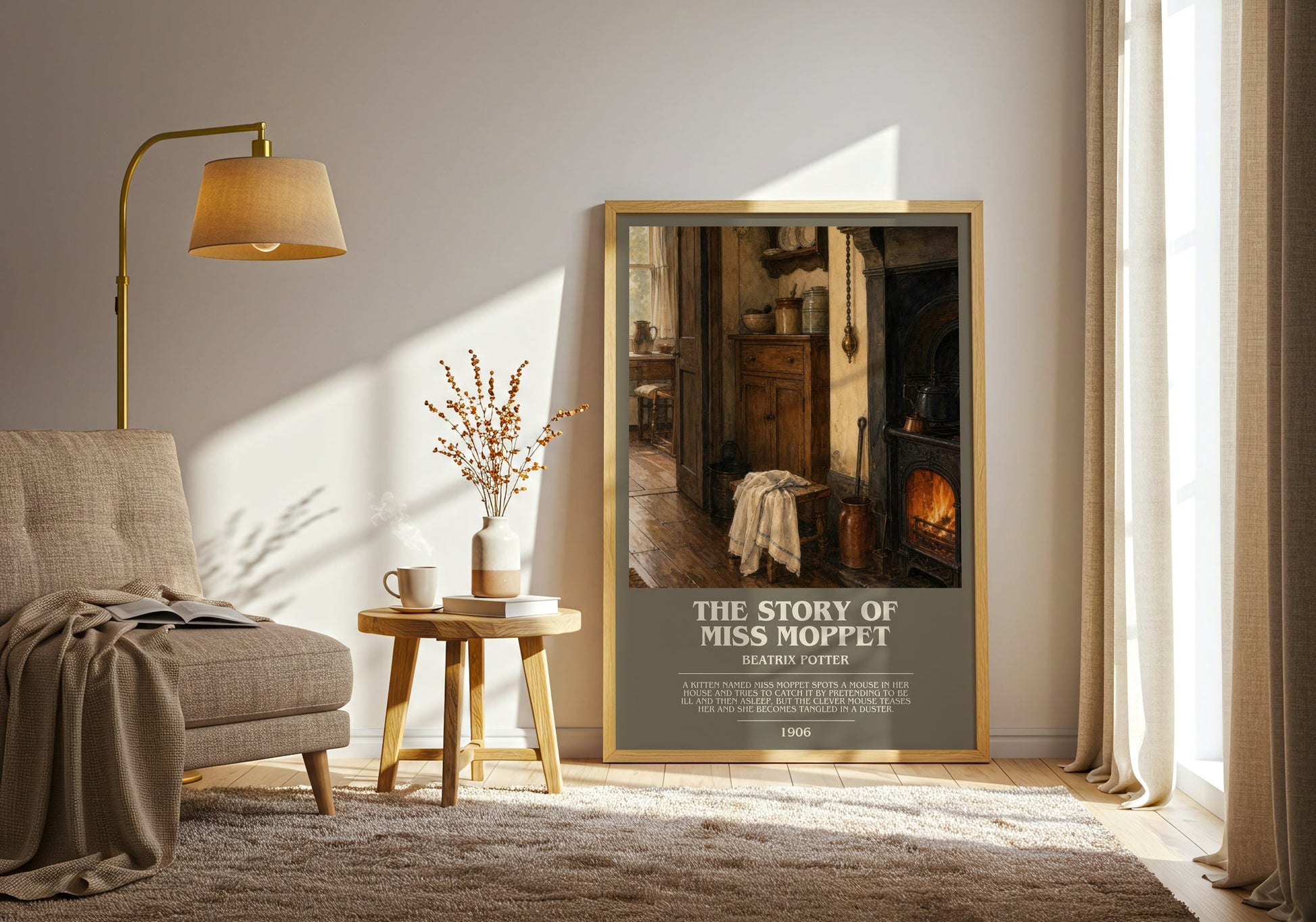 The Story Of Miss Moppet bookish print on bookshelf – Beatrix Potter fan gift