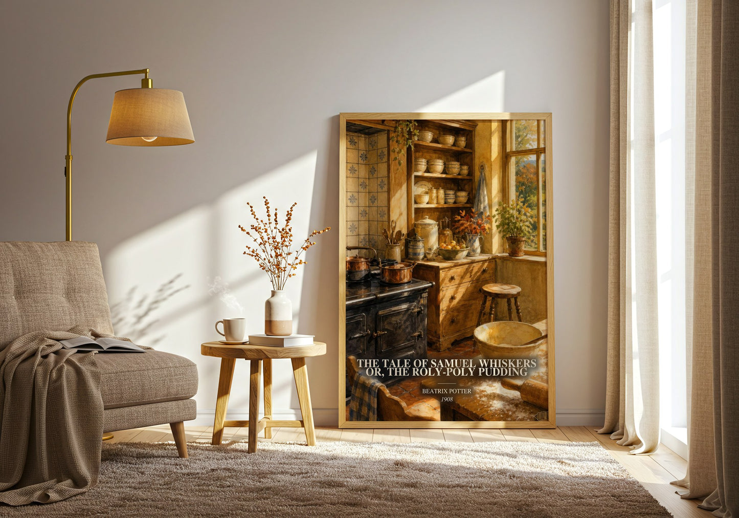 The Tale Of Samuel Whiskers Or, The Roly-Poly Pudding watercolour print in frame leaning in hallway – childrens wall art