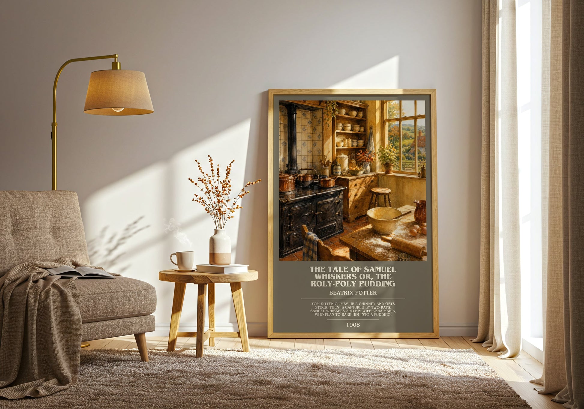 The Tale Of Samuel Whiskers Or, The Roly-Poly Pudding bookish print on bookshelf – Beatrix Potter fan gift