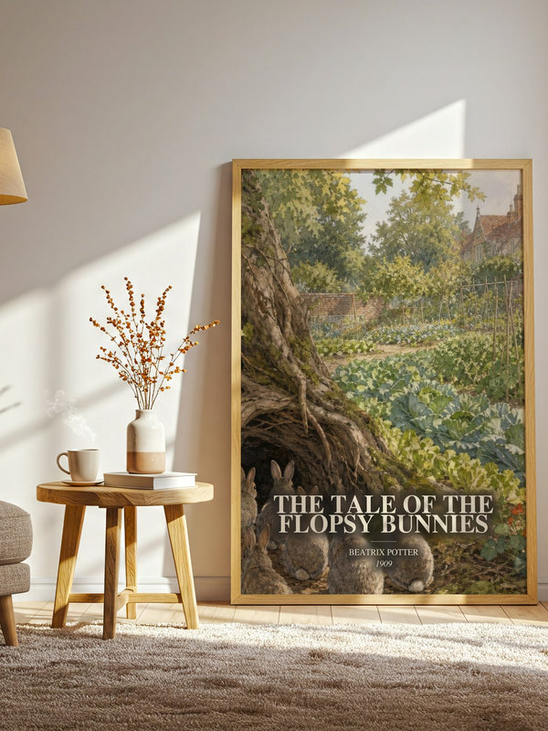 The Tale Of The Flopsy Bunnies watercolour print in frame leaning in hallway – childrens wall art