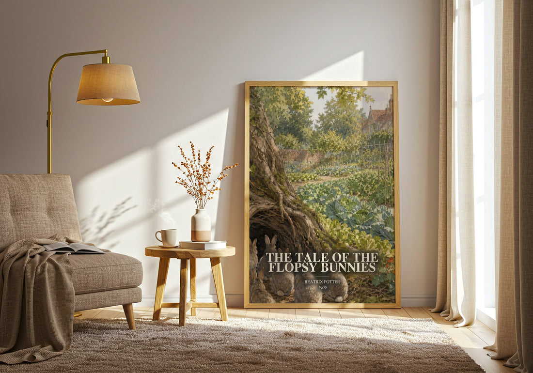 The Tale Of The Flopsy Bunnies watercolour print in frame leaning in hallway – childrens wall art (mockup)