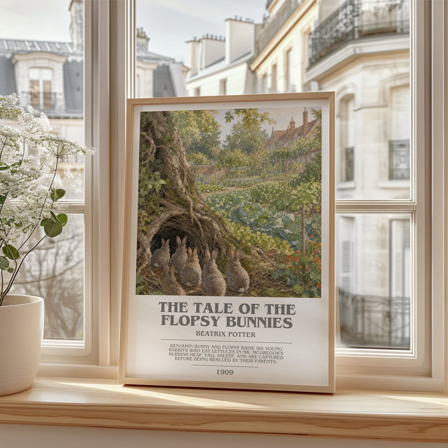 The Tale Of The Flopsy Bunnies bookish poster colour and style options – Beatrix Potter book art