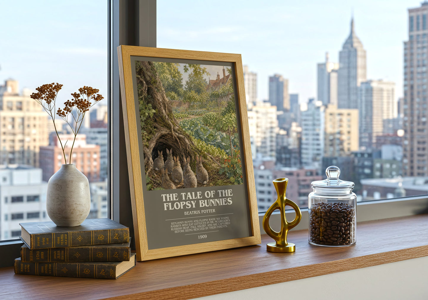 The Tale Of The Flopsy Bunnies bookish print framed by window – literary home decor