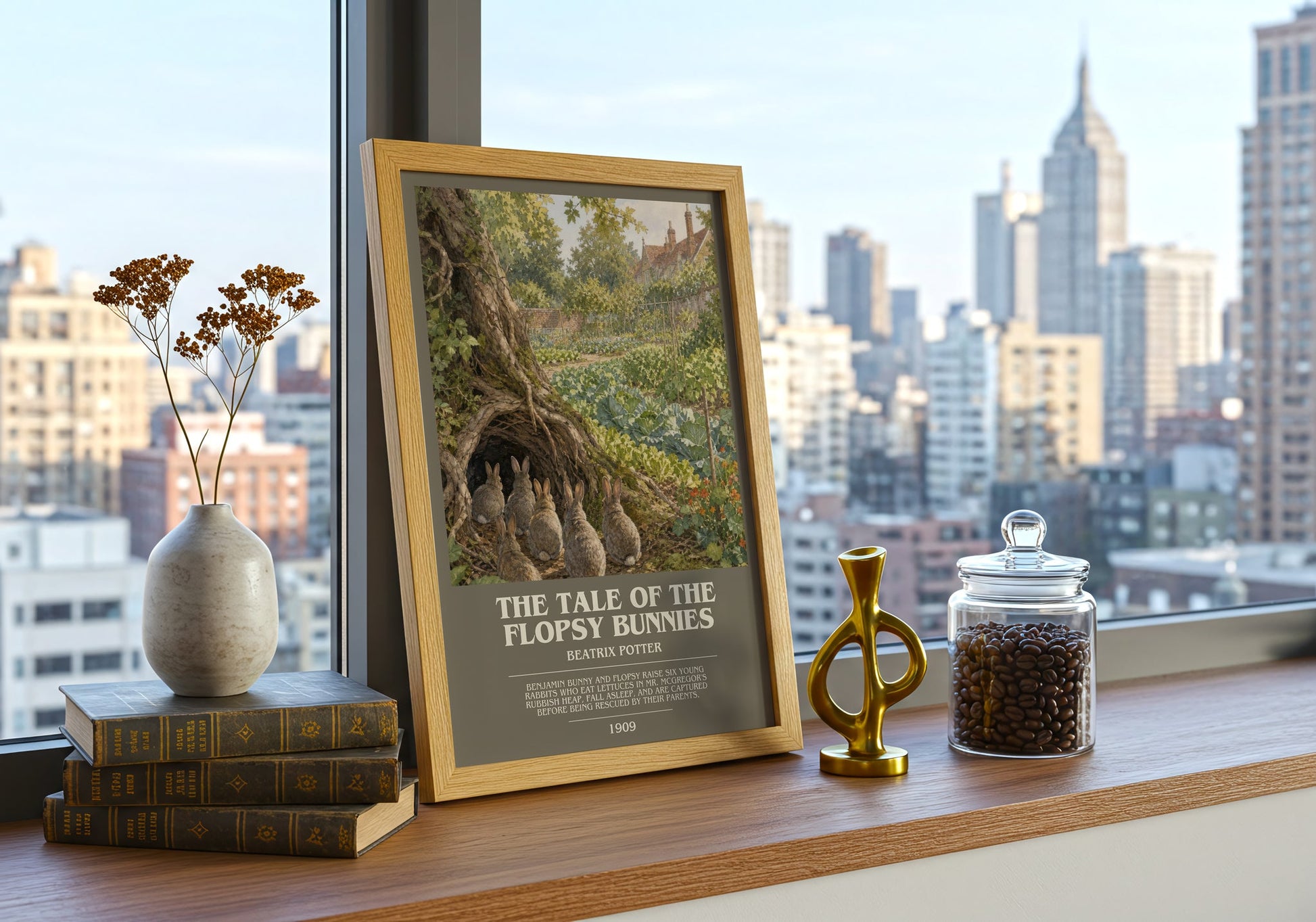 The Tale Of The Flopsy Bunnies bookish print framed by window – literary home decor