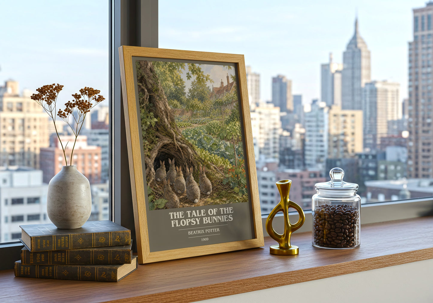 The Tale Of The Flopsy Bunnies book cover print framed by window – literary home decor