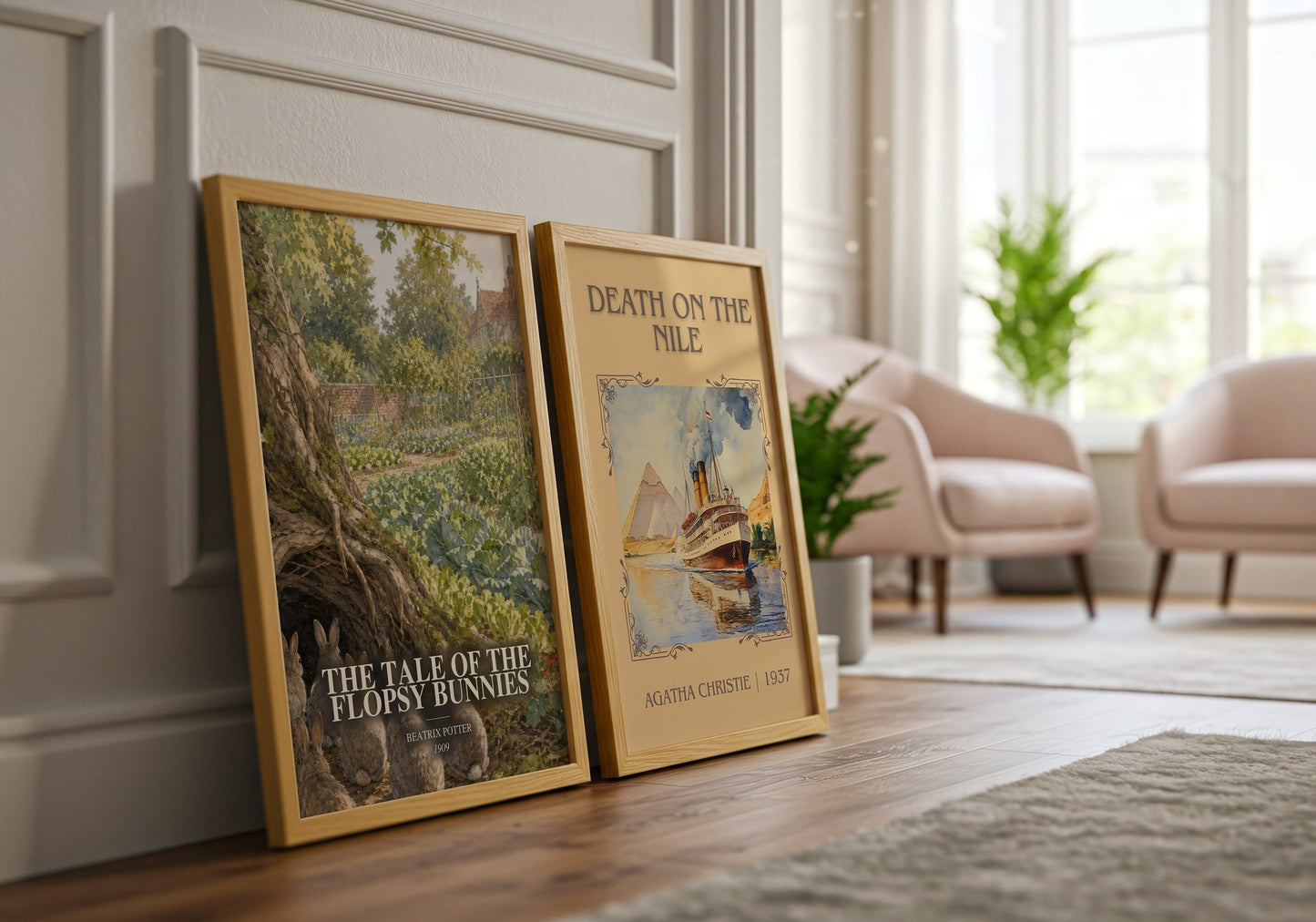 The Tale Of The Flopsy Bunnies watercolour print framed by window – literary home decor
