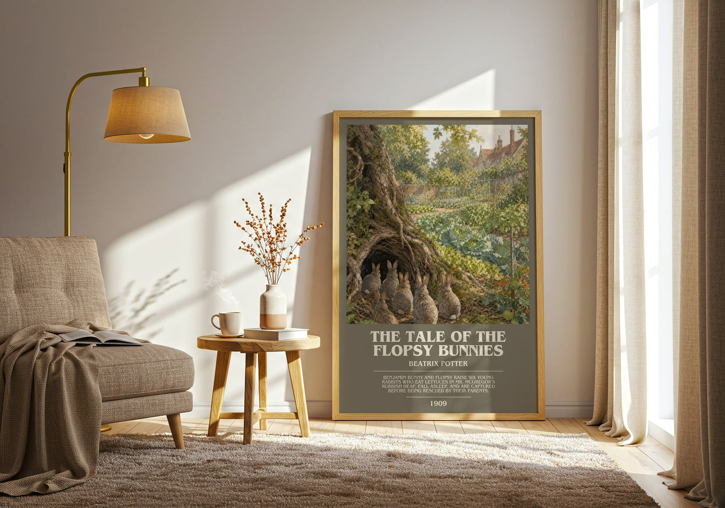 The Tale Of The Flopsy Bunnies bookish print on bookshelf – Beatrix Potter fan gift