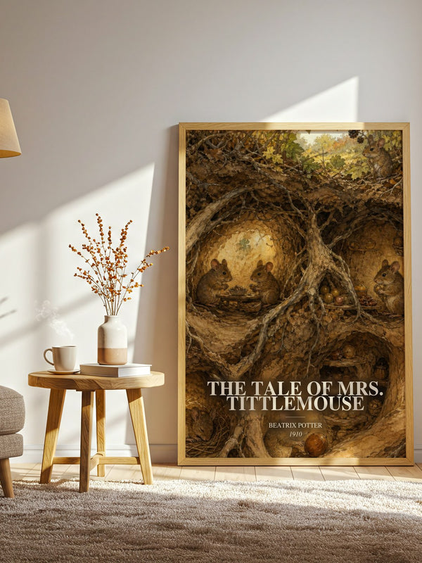 The Tale Of Mrs. Tittlemouse watercolour print in frame leaning in hallway – childrens wall art