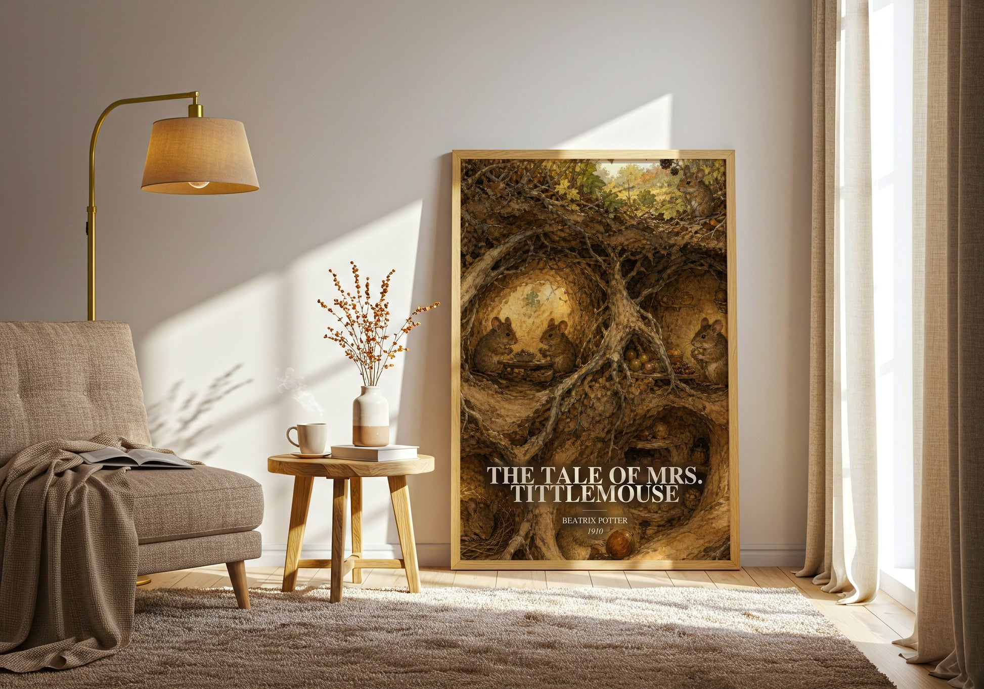 The Tale Of Mrs. Tittlemouse watercolour print in frame leaning in hallway – childrens wall art