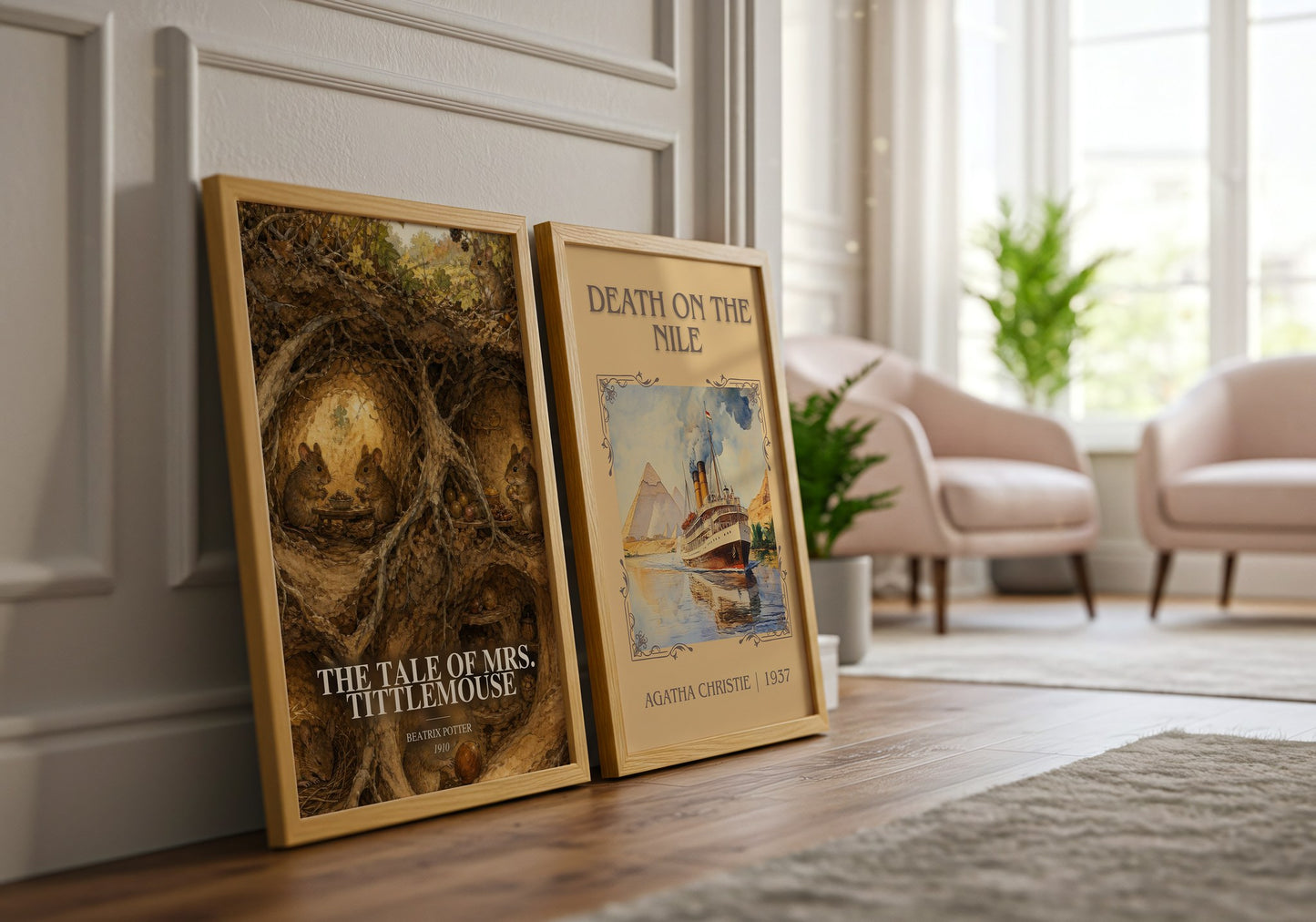 The Tale Of Mrs. Tittlemouse watercolour print framed by window – literary home decor