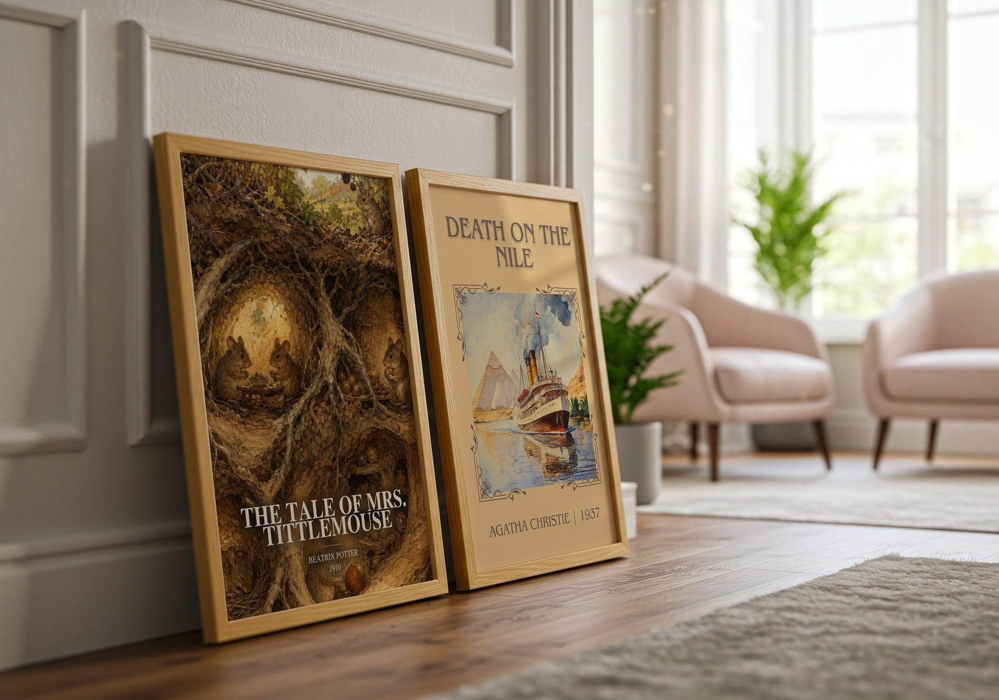 The Tale Of Mrs. Tittlemouse watercolour print framed by window – literary home decor