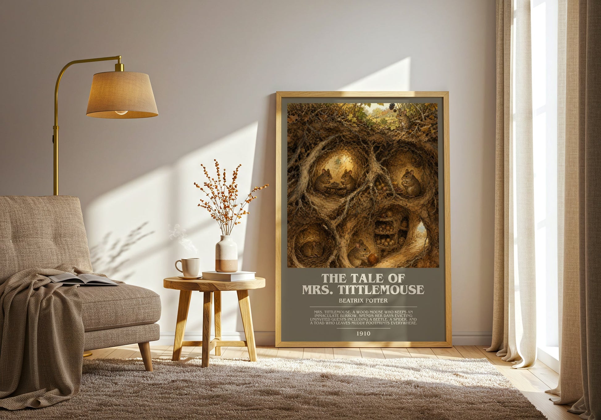 The Tale Of Mrs. Tittlemouse bookish print on bookshelf – Beatrix Potter fan gift