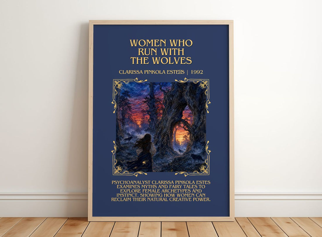 Women Who Run with the Wolves Minimalist Book Poster by C. Estés – framed print leaning on a wooden floor