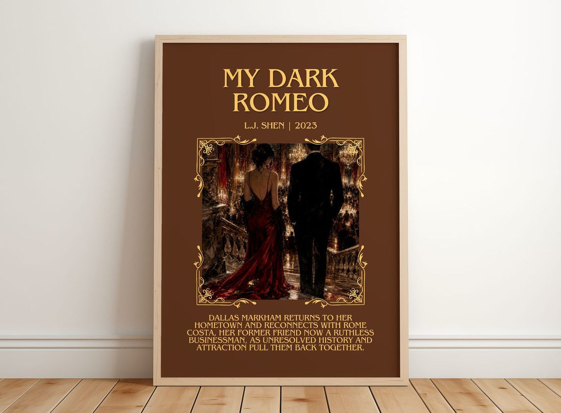 My Dark Romeo Minimalist Book Poster by L.J. Shen – framed print leaning on a wooden floor