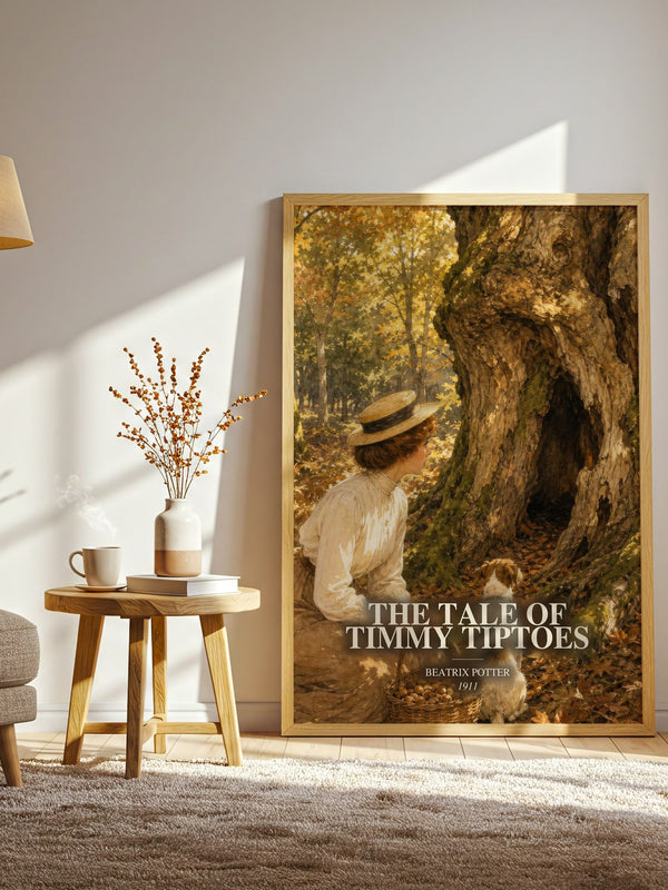 The Tale Of Timmy Tiptoes watercolour print in frame leaning in hallway – childrens wall art