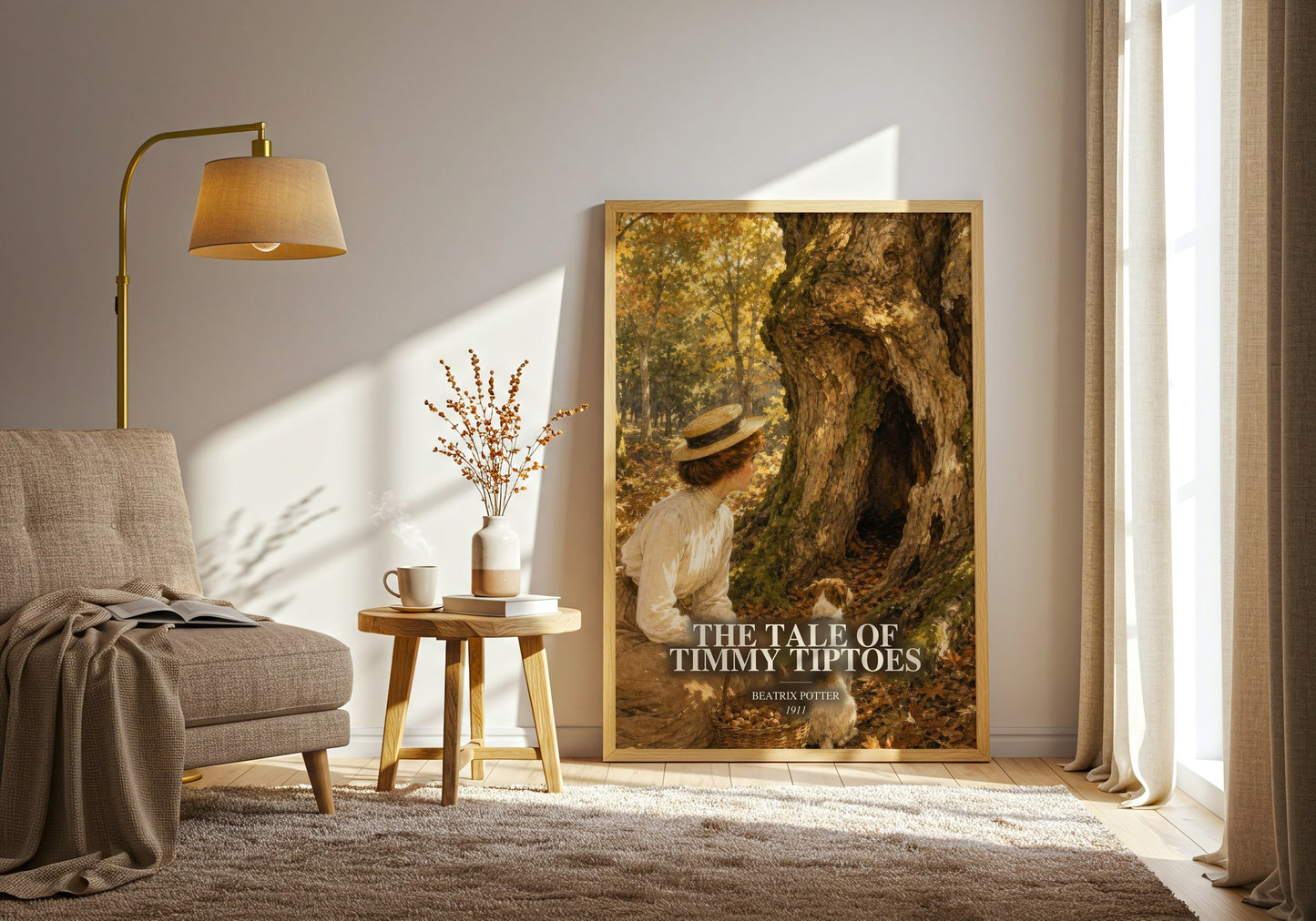 The Tale Of Timmy Tiptoes watercolour print in frame leaning in hallway – childrens wall art