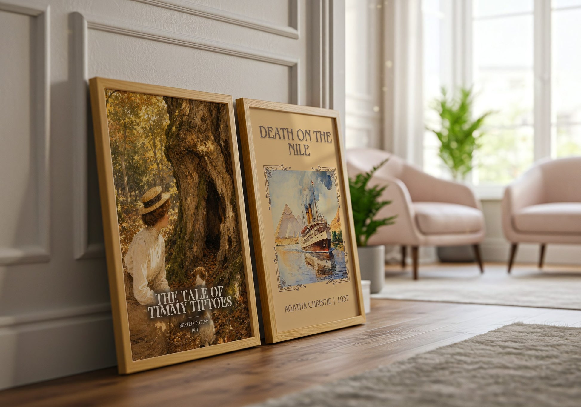 The Tale Of Timmy Tiptoes watercolour print framed by window – literary home decor