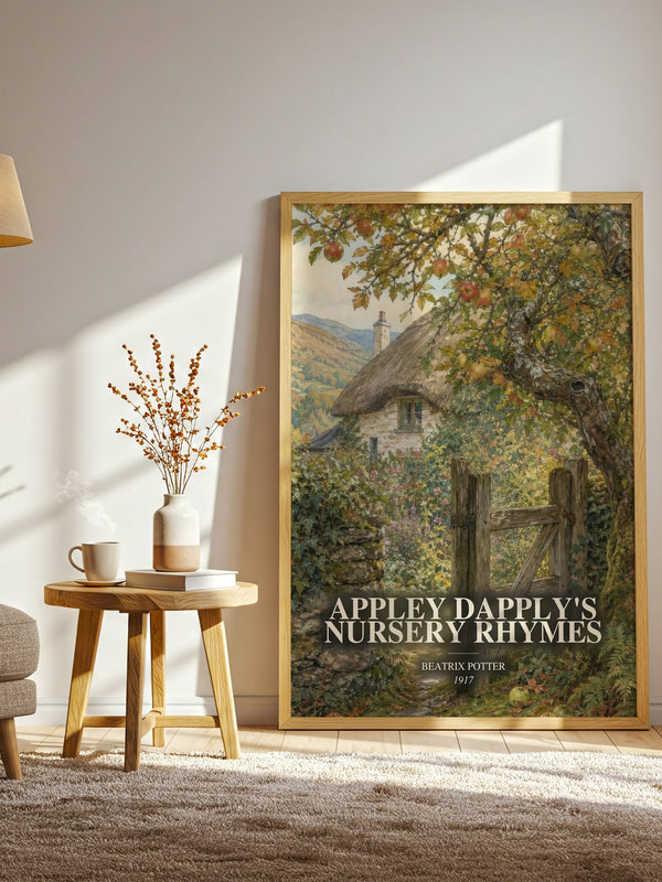 Appley Dapply'S Nursery Rhymes watercolour print in frame leaning in hallway – childrens wall art
