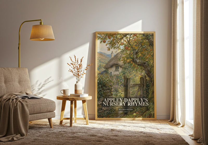 Appley Dapply'S Nursery Rhymes watercolour print in frame leaning in hallway – childrens wall art