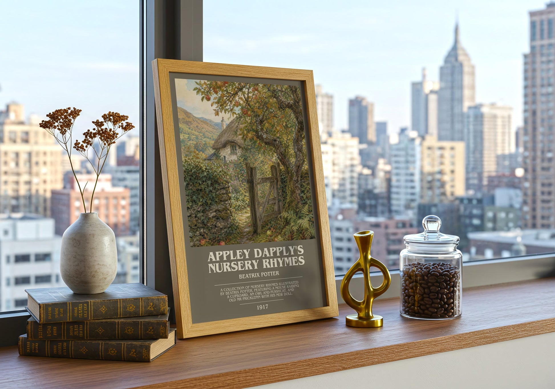 Appley Dapply'S Nursery Rhymes bookish print framed by window – literary home decor