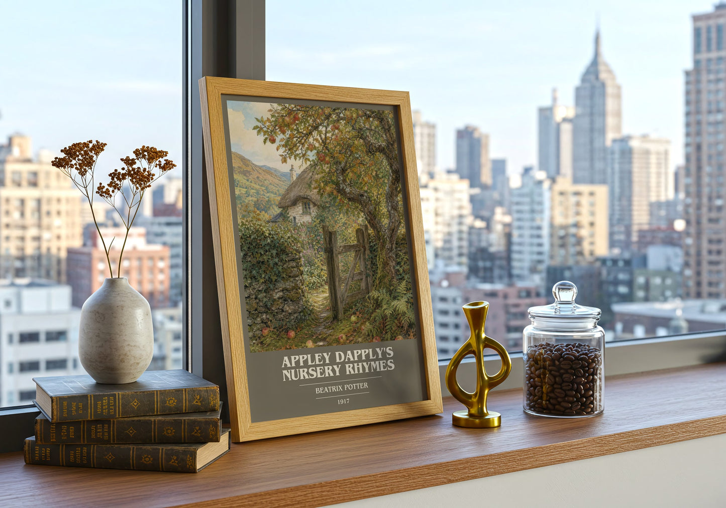 Appley Dapply'S Nursery Rhymes book cover print framed by window – literary home decor