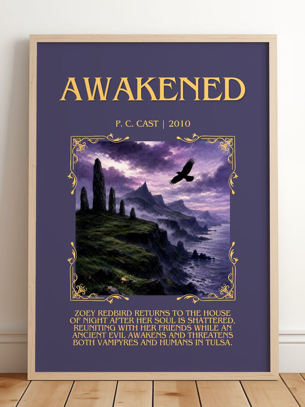 Awakened Minimalist Book Poster by P. C. Cast – framed print leaning on a wooden floor