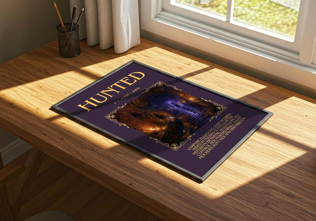 Hunted Minimalist Book Poster by P. C. Cast – print on a sunlit desk