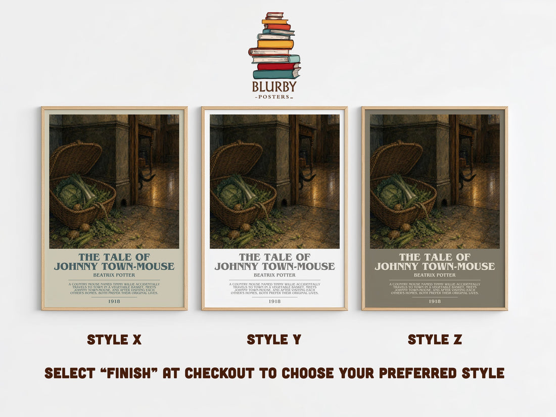 The Tale Of Johnny Town-Mouse bookish print in frame leaning in hallway – childrens wall art (mockup)