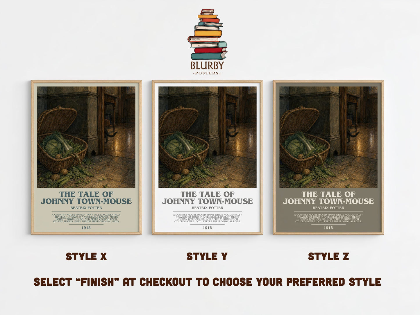 The Tale Of Johnny Town-Mouse bookish print in frame leaning in hallway – childrens wall art