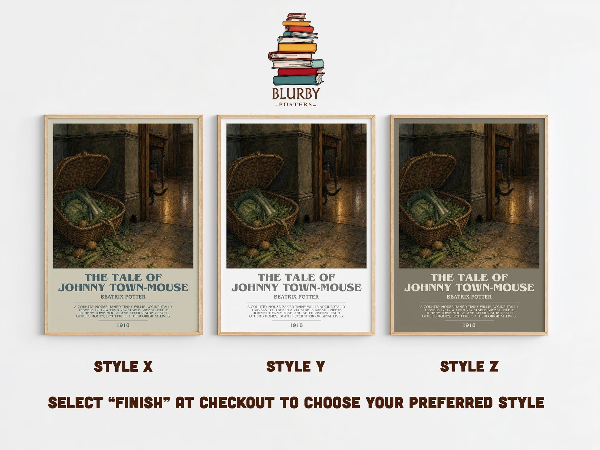 The Tale Of Johnny Town-Mouse bookish print in frame leaning in hallway – childrens wall art