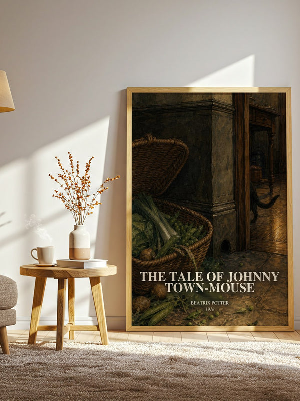 The Tale Of Johnny Town-Mouse watercolour print in frame leaning in hallway – childrens wall art