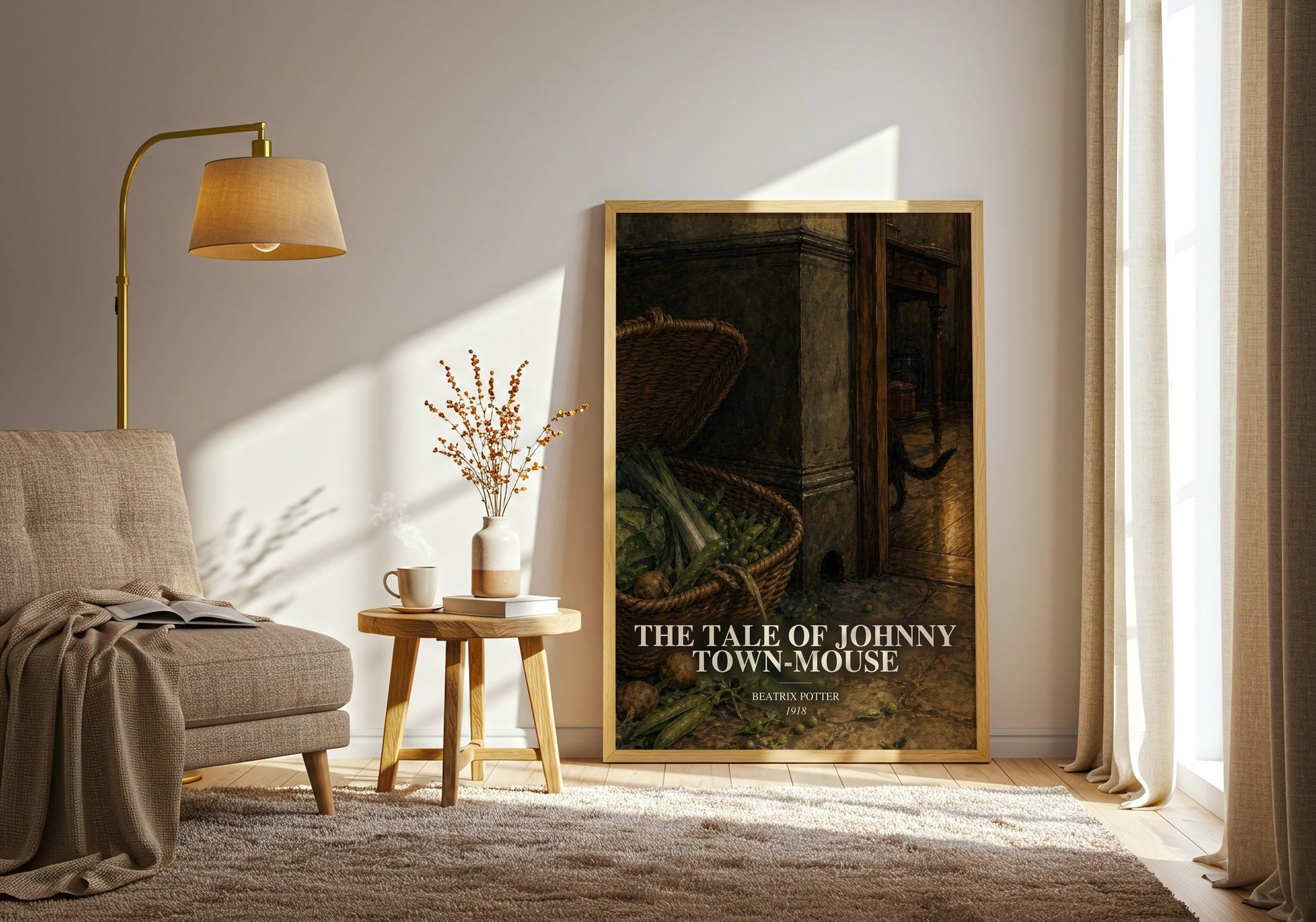 The Tale Of Johnny Town-Mouse watercolour print in frame leaning in hallway – childrens wall art
