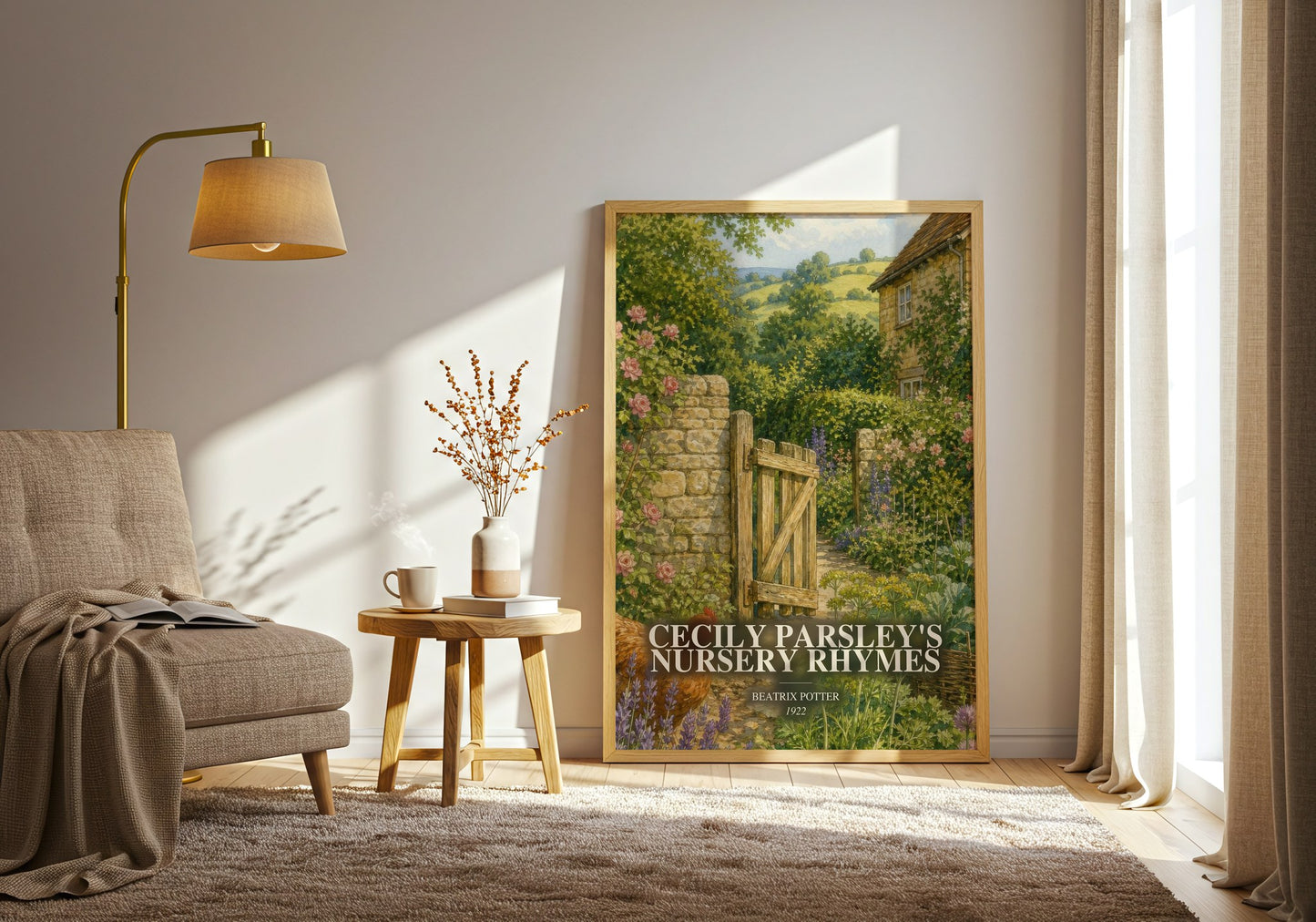 Cecily Parsley'S Nursery Rhymes watercolour print in frame leaning in hallway – childrens wall art