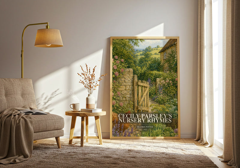 Cecily Parsley'S Nursery Rhymes watercolour print in frame leaning in hallway – childrens wall art