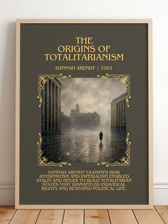 The Origins of Totalitarianism Minimalist Book Poster by Hannah Arendt – framed print leaning on a wooden floor