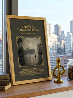 The Origins of Totalitarianism Minimalist Book Poster by Hannah Arendt – framed print on a city-view windowsill