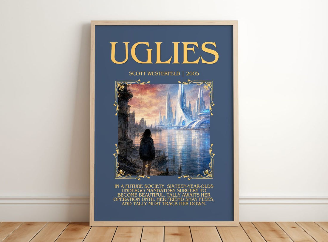 Uglies Minimalist Book Poster by Scott Westerfeld – framed print leaning on a wooden floor