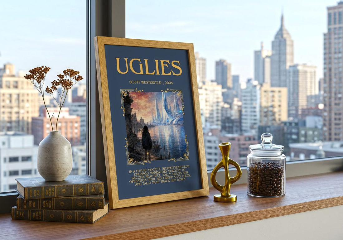 Uglies Minimalist Book Poster by Scott Westerfeld – framed print on a city-view windowsill