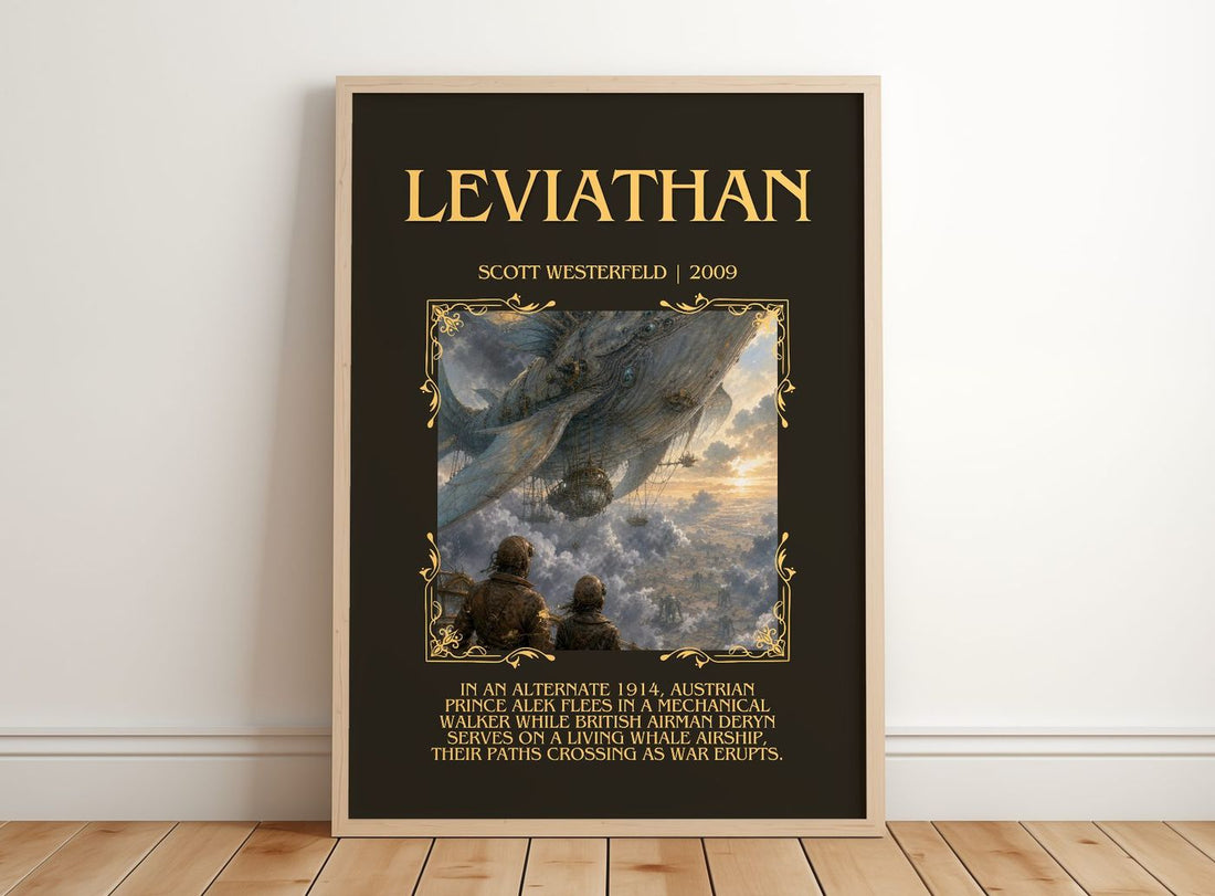 Leviathan Minimalist Book Poster by Scott Westerfeld – framed print leaning on a wooden floor